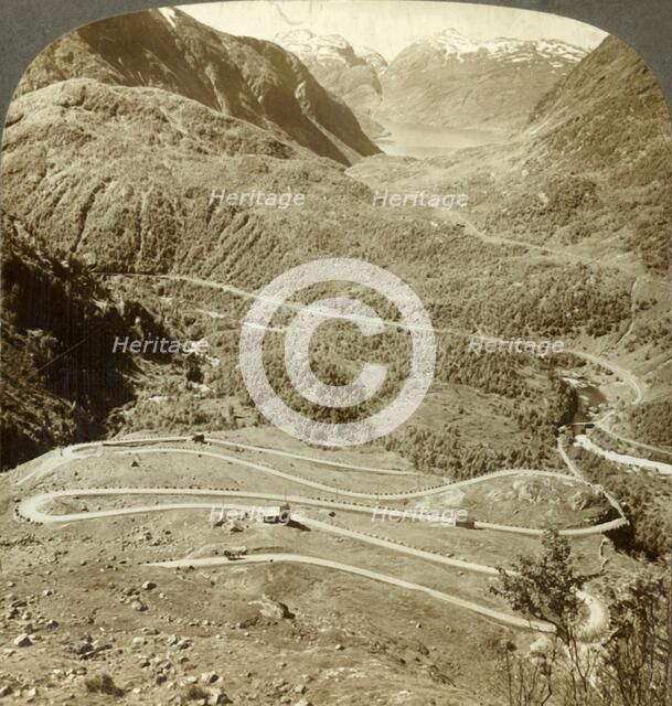 'Great zigzag loops of road descending from Dyreskard Pass - west to Roldal Lake, Norway', c1905. Creator: Unknown.