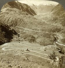 Great zigzag loops of road descending from Dyreskard Pass - west to Roldal Lake, Norway c1905. Creator: Unknown