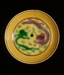 Green and aubergine dragon saucer, Xuantong period, late Qing dynasty, China, 1908-1924. Creator: Unknown
