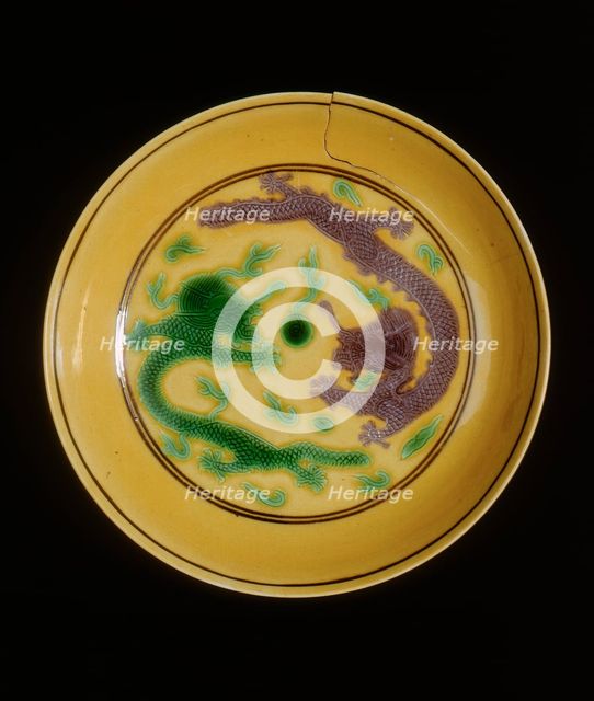 Green and aubergine dragon saucer, Xuantong period, late Qing dynasty, China, 1908-1924. Creator: Unknown.
