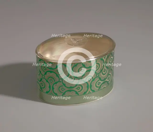 Green and gold makeup box from Mae's Millinery Shop, 1941-1994. Creator: Prince Matchabelli Inc.