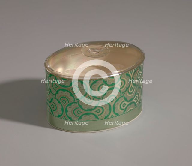 Green and gold makeup box from Mae's Millinery Shop, 1941-1994. Creator: Prince Matchabelli Inc.