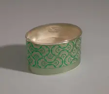Green and gold makeup box from Mae's Millinery Shop, 1941-1994. Creator: Prince Matchabelli Inc
