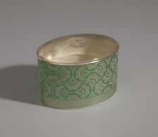 Green and gold makeup box from Mae's Millinery Shop, 1941-1994. Creator: Prince Matchabelli Inc