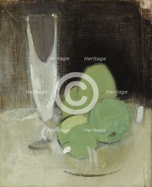 Green Apples and Champagne Glass, 1934. Creator: Helene Schjerfbeck.