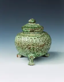 Green marbleware tripod jar and cover, High Tang period, China, 684-756. Creator: Unknown