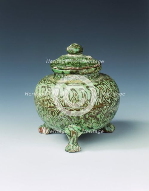 Green marbleware tripod jar and cover, High Tang period, China, 684-756. Creator: Unknown.