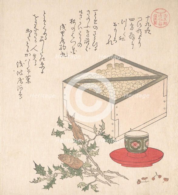 Green Peas in a Measure and Sprays of Hollyhock with Heads of Sardines..., 19th century. Creator: Kubo Shunman.