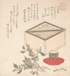 Green Peas in a Measure and Sprays of Hollyhock with Heads of Sardines..., 19th century. Creator: Kubo Shunman
