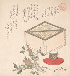Green Peas in a Measure and Sprays of Hollyhock with Heads of Sardines..., 19th century. Creator: Kubo Shunman