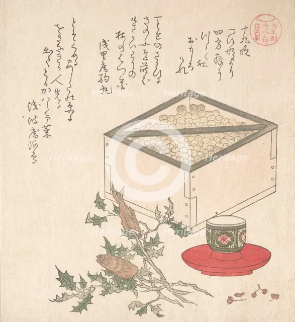 Green Peas in a Measure and Sprays of Hollyhock with Heads of Sardines..., 19th century. Creator: Kubo Shunman.