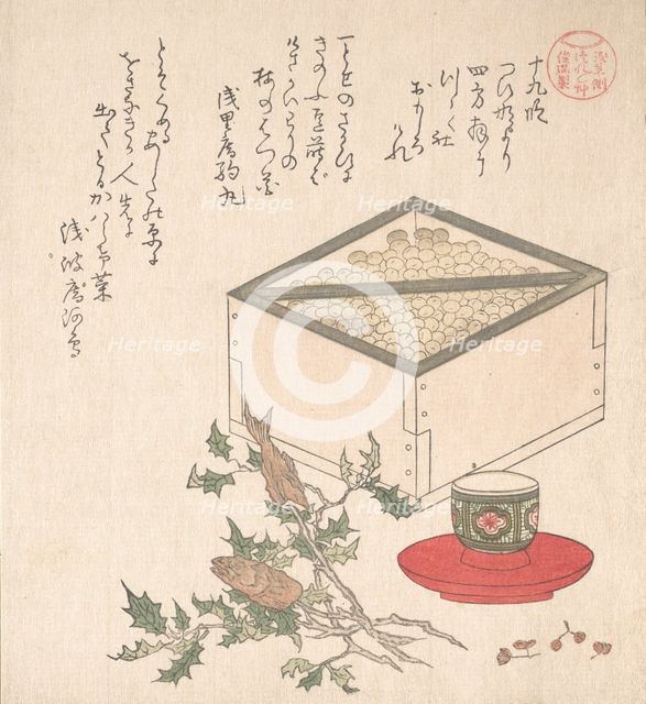 Green Peas in a Measure and Sprays of Hollyhock with Heads of Sardines..., 19th century. Creator: Kubo Shunman.