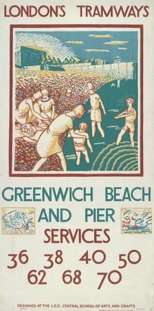 Greenwich Beach and Pier London County Council (LCC) Tramways poster, 1925. Artist: Morris Kestelman