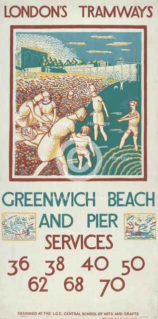 'Greenwich Beach and Pier', London County Council (LCC) Tramways poster, 1925. Artist: Morris Kestelman