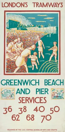 Greenwich Beach and Pier London County Council (LCC) Tramways poster, 1925. Artist: Morris Kestelman