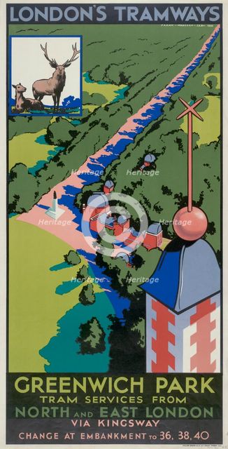 'Greenwich Park', London County Council (LCC) Tramways poster, 1932. Artist: F Marsden Lea
