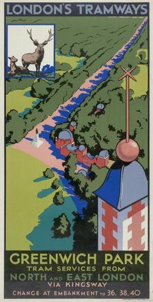 Greenwich Park London County Council (LCC) Tramways poster, 1932. Artist: F Marsden Lea
