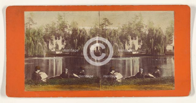Greenwood Cemetery. Crescent Lake and Fountain., about 1869. Creator: E. & H.T. Anthony.
