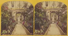 Greenhouse with sculpture at entrance, about 1865. Creator: Unknown