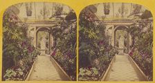 Greenhouse with sculpture at entrance, about 1865. Creator: Unknown