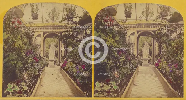 Greenhouse with sculpture at entrance, about 1865. Creator: Unknown.