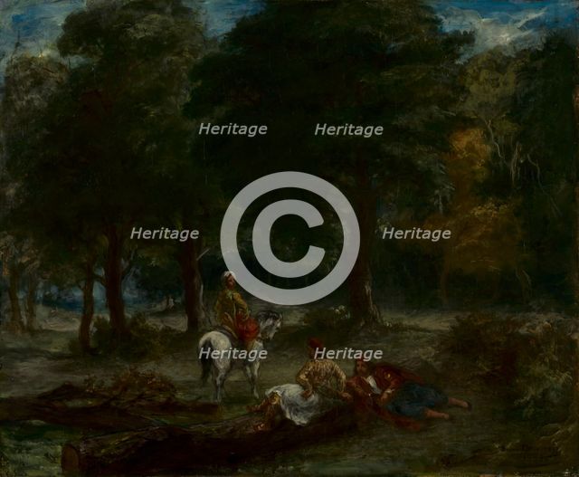 Greek Cavalry Men Resting in Forest, 1858. Creator: Eugène Delacroix (French, 1798-1863).