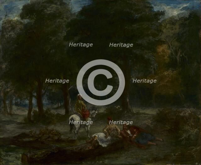 Greek Cavalry Men Resting in Forest, 1858. Creator: Eugène Delacroix (French, 1798-1863).