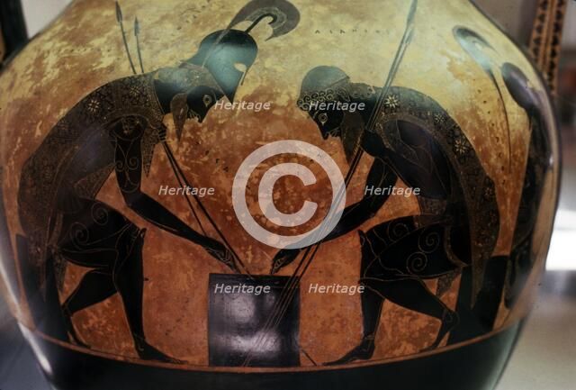 Greek Amphora, detail of Achilles and Ajax playing a game, c6th century BC. Artist: Exekias.
