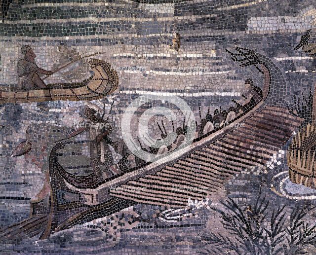  'Greek boat sailing the Nile River Delta', fragment of the Barberini mosaic. From the inferior s…