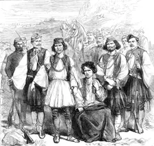 Greek brigands brought prisoners to Athens, 1870. Creator: Unknown