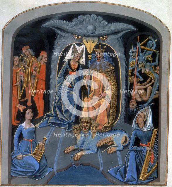 Greek gods Pluto and Persephone sit with Cerberus, the three-headed dog, (15th century) Artist: Unknown