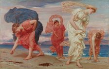 Greek girls picking up pebbles by the sea