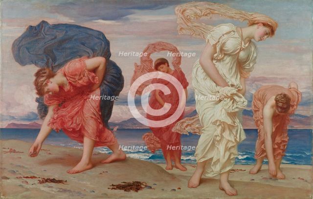 Greek girls picking up pebbles by the sea.
