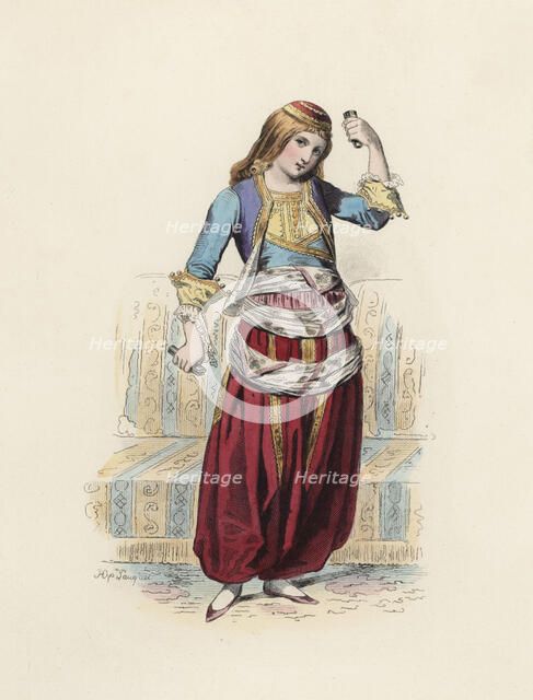 Greek Dancer woman, color engraving 1870.