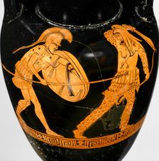 Greek soldier fighting a Persian (Terracotta red-figure Nolan amphora) , ca 470 BC. Creator: Ancient pottery, Attican Art