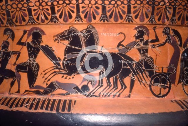 Greek Soldiers and Chariot in Battle, vase painting, c6th century BC. Artist: Unknown.