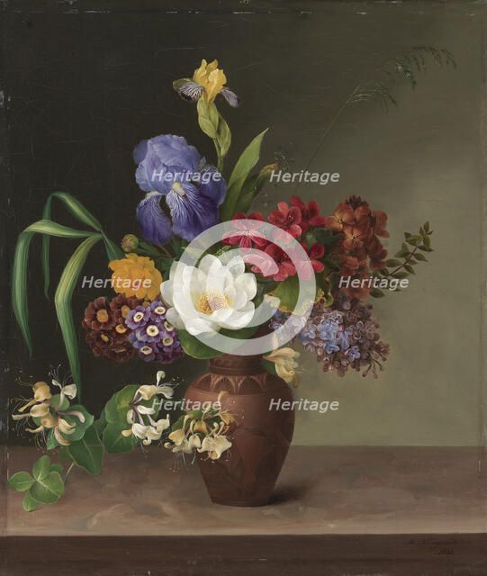 Greek-style vase with iris, sorrel and honeysuckle, 1831. Creator: Hermania Neergaard.