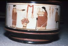 Greek Pyxis, (Cosmetic Box), Women performing domestic tasks, Athens, c460BC-450 BC