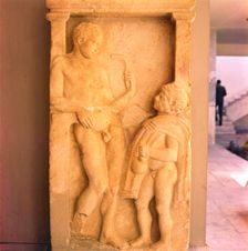 Greek Relief of Young man holding Strygil with Boy holding Oil Vessel, c400 BC