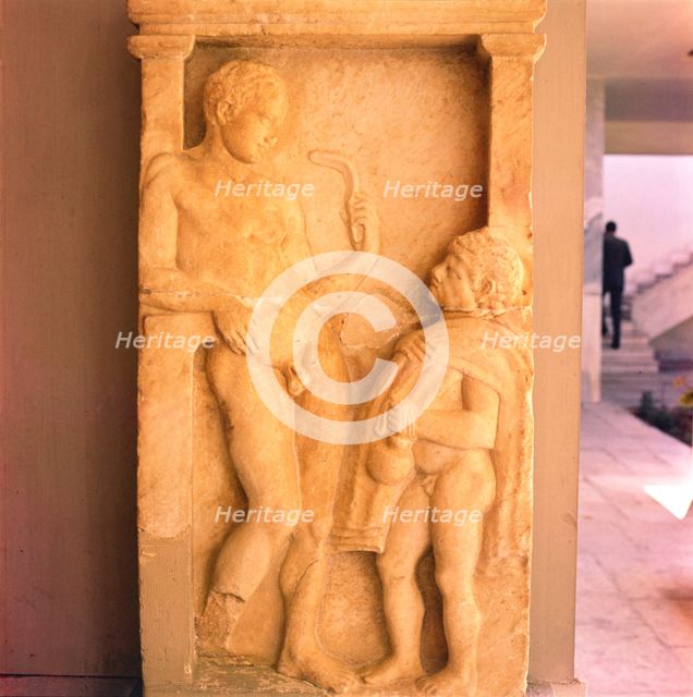 Greek Relief of Young man holding Strygil with Boy holding Oil Vessel, c400 BC Artist: Unknown.