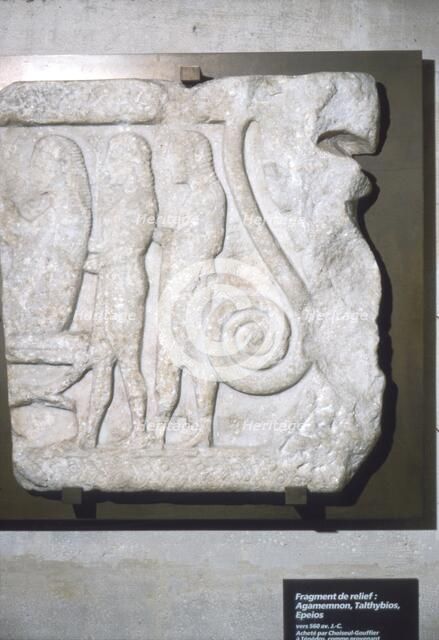 Greek relief, Agamemnon seated left with Talthybis and Epeios, c5th century BC. Artist: Unknown.