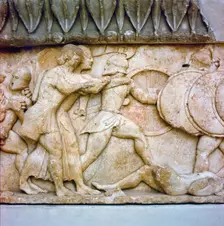 Greek relief detail, Battle of Gods and Giants, Apollo and Artemis fight, 525BC