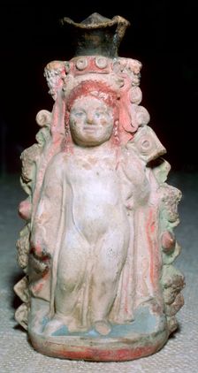 Greek terracotta oil flask of the infant Dionysus