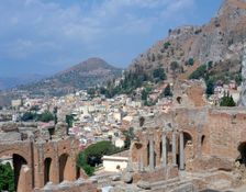 Greek theatre and town, Taormina, Sicily, Italy. Creator: Peter Thompson