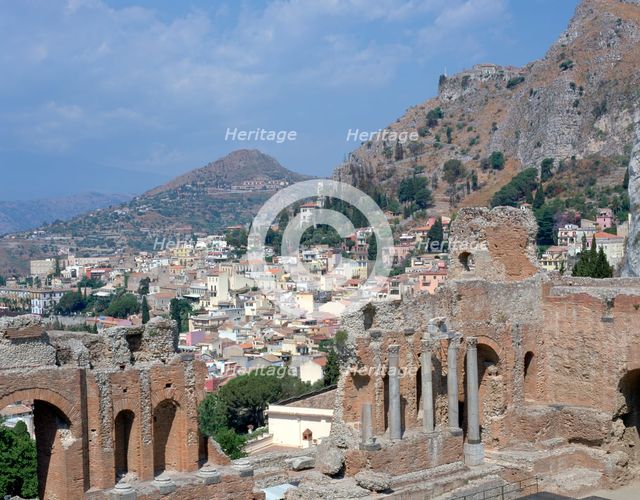 Greek theatre and town, Taormina, Sicily, Italy.  Creator: Peter Thompson.