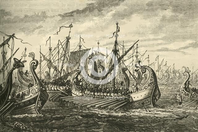 'Greek Triremes at the Battle of Salamis', 1890. Creator: Unknown.