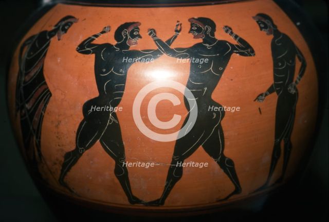 Greek Vase,  Black-figure Amphora depicting Boxing Scene, c6th century BC. Artist: Unknown.