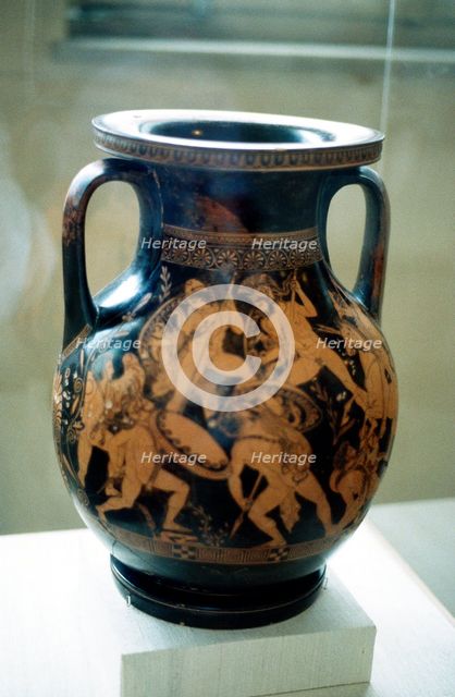 Greek vase decorated with figures of warriors fighting. Artist: Unknown