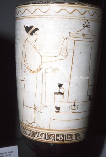 Greek Vase Painting, Woman with Offerings at a Tomb, 460-450 BC.