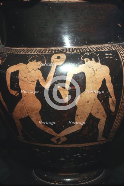 Greek Vase painting, Athletes with jumping-weights, found in Etruscan burial, c6th century BC. 